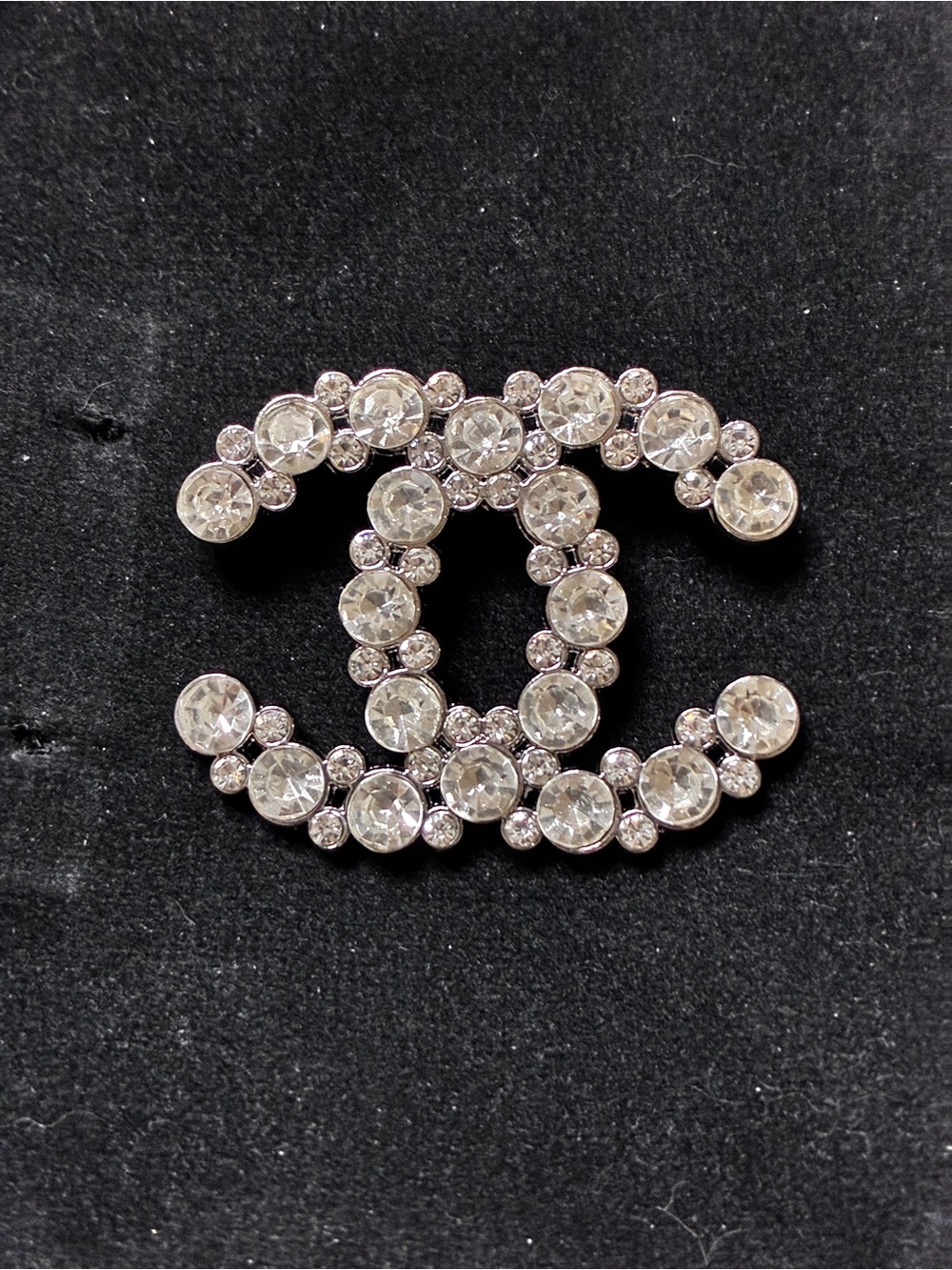 Double C Silver-Tone Crystal Logo Brooch